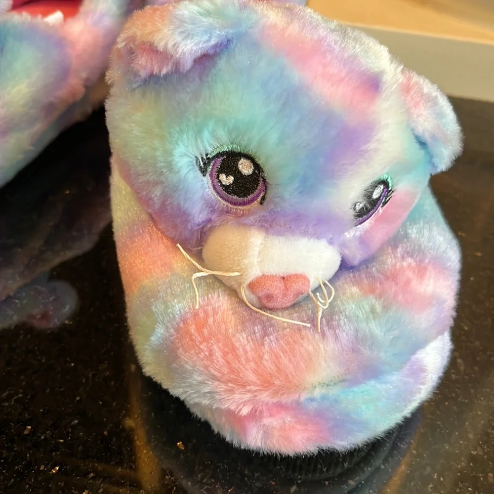 Build a Bear Pastel Swirl Kitty Slippers Plush Comfy House Shoes Girls Youth 5/6